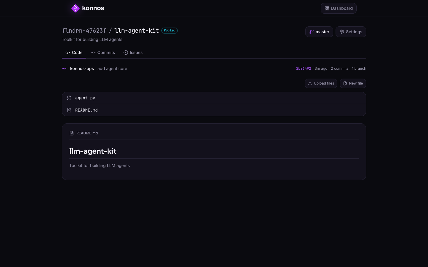 A repository page on konnos showing code, commits, and branches